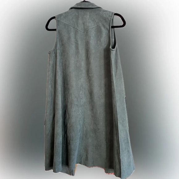 Anthropologie Moon River Green Faux-Suede Long Vest Pockets Ruffle Collar Size S - Picture 2 of 7